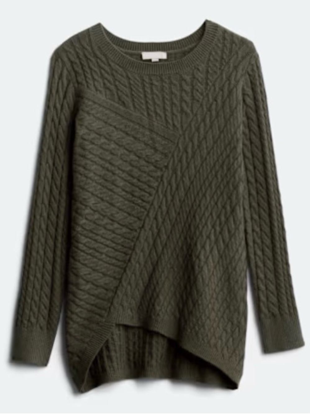 Evolution by Cyrus Aneesa Cable Knit Asymmetric Hem Sweater Olive Green Sz M